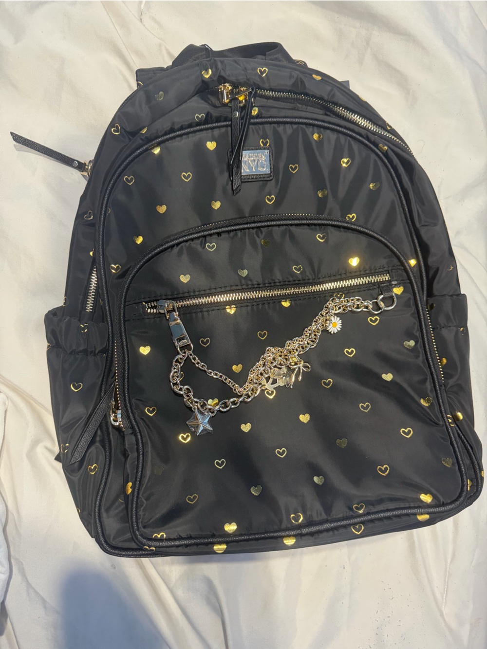 Black and Gold Heart Nylon Backpack - Unbranded